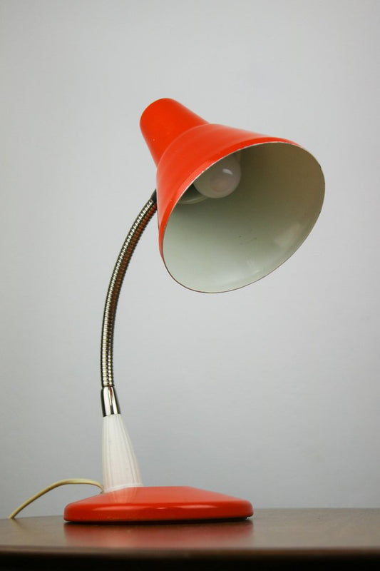 Adjustable Desk Lamp in Orange Painted Metal and Chrome-Plated Spiral Arm, 1970s