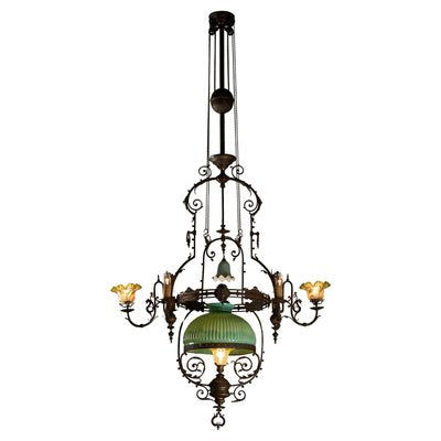 Adjustable Height Chandelier with Original Glasswork and Brass Detailing-POG-2019547