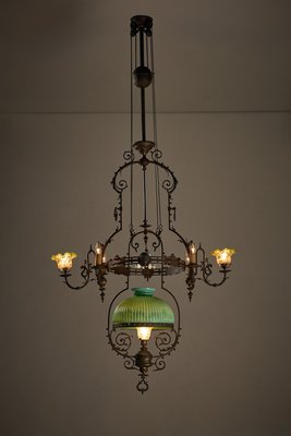 Adjustable Height Chandelier with Original Glasswork and Brass Detailing-POG-2019547