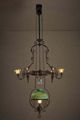 Adjustable Height Chandelier with Original Glasswork and Brass Detailing-POG-2019547