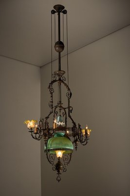 Adjustable Height Chandelier with Original Glasswork and Brass Detailing-POG-2019547