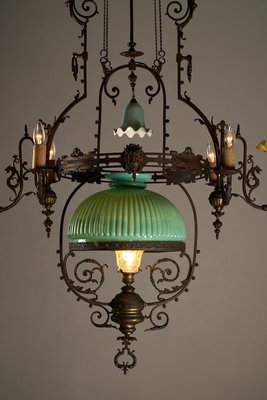 Adjustable Height Chandelier with Original Glasswork and Brass Detailing-POG-2019547