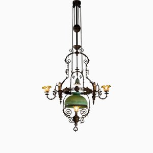 Adjustable Height Chandelier with Original Glasswork and Brass Detailing-POG-2019547