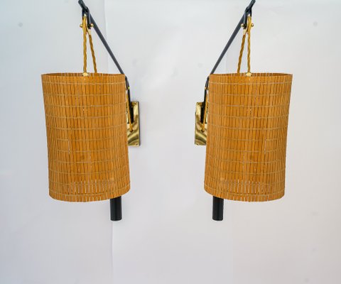 Adjustable Original Wicker Shade Wall Lights by Rupert Nikoll, 1950s, Set of 2-SPD-1811200