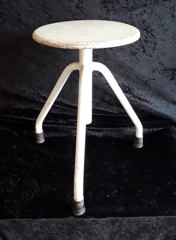 Adjustable Stool with White Metal Frame and Formerly White Plywood Seat, 1920s