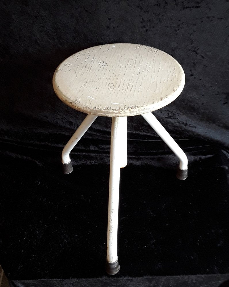 Adjustable Stool with White Metal Frame and Formerly White Plywood Seat, 1920s