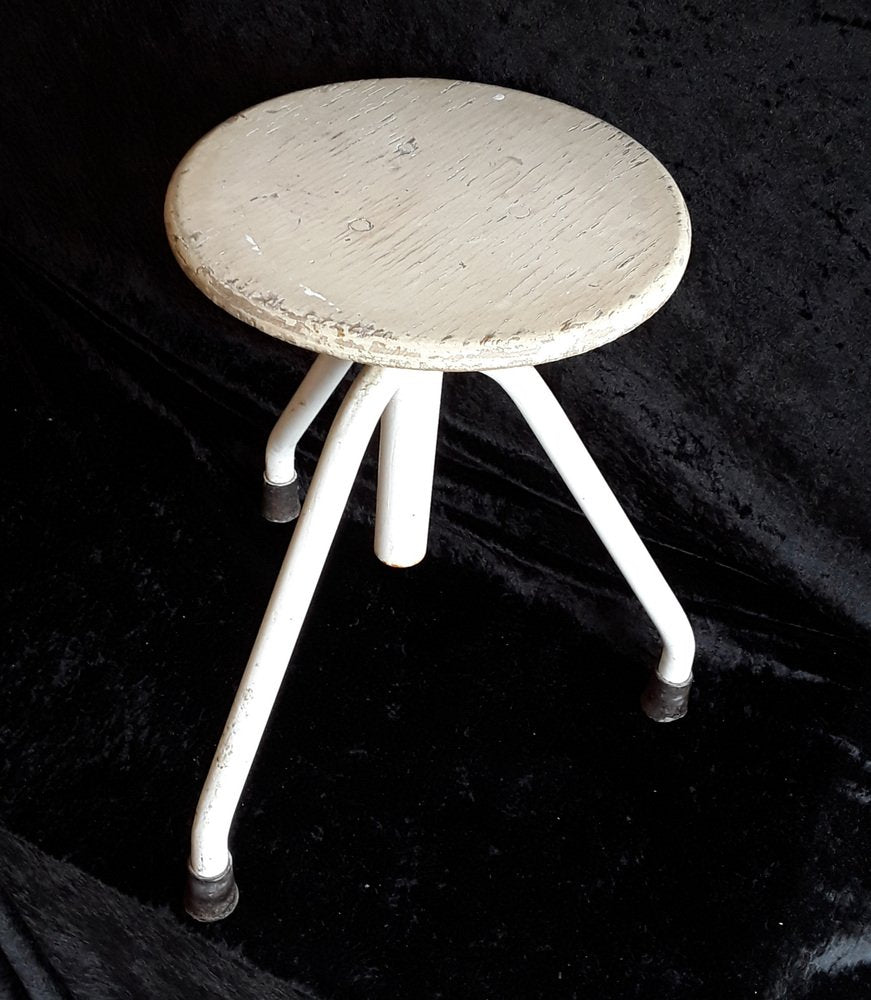 Adjustable Stool with White Metal Frame and Formerly White Plywood Seat, 1920s