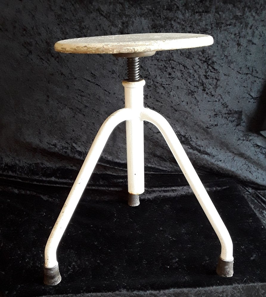 Adjustable Stool with White Metal Frame and Formerly White Plywood Seat, 1920s