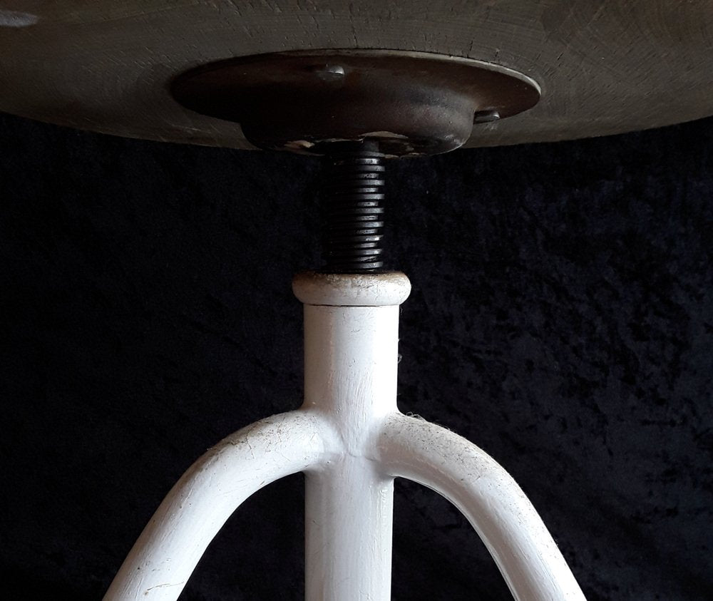 Adjustable Stool with White Metal Frame and Formerly White Plywood Seat, 1920s