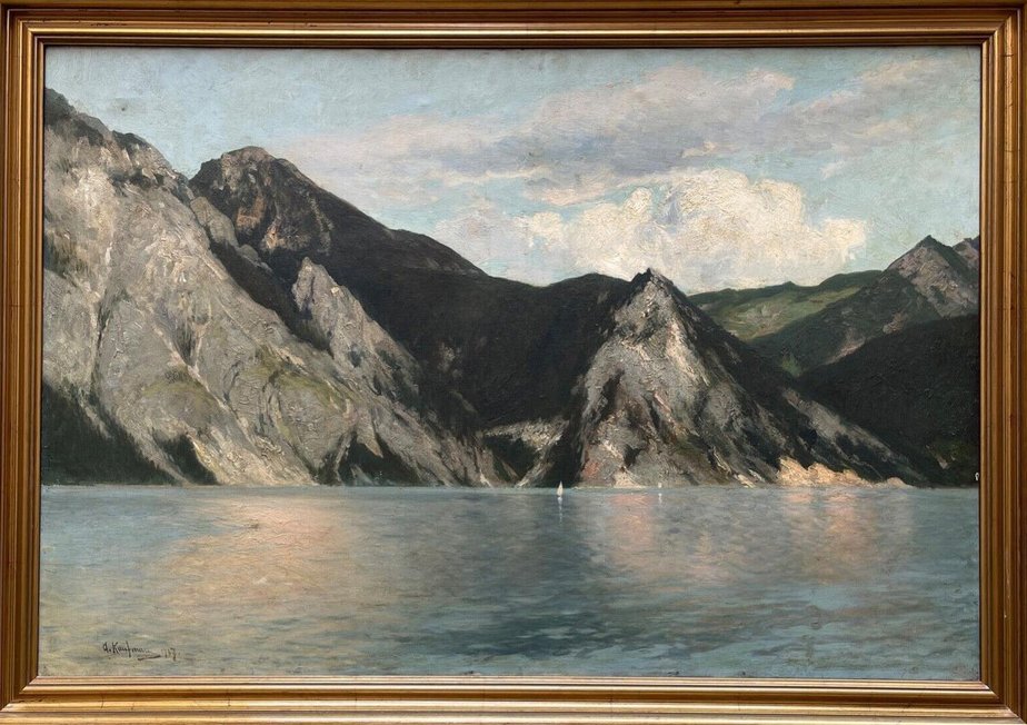 Adolf Kaufmann, Landscape with Mountain Lake, 1907, Oil Painting on Canvas, Framed