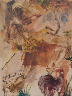 African Dancing Warrior with Cockerel, Mid-20th Century, Oil on Canvas-AOI-1356975