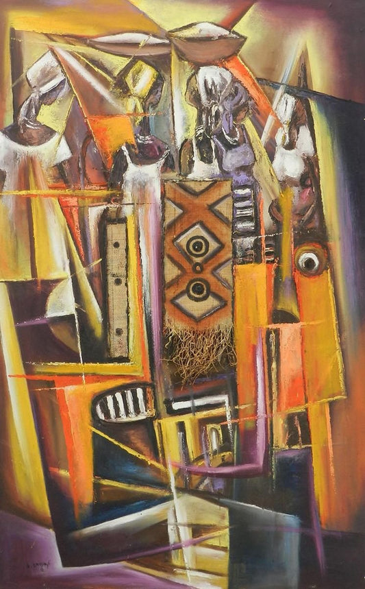 African Painting of Village Life Mixed Media, 1970s