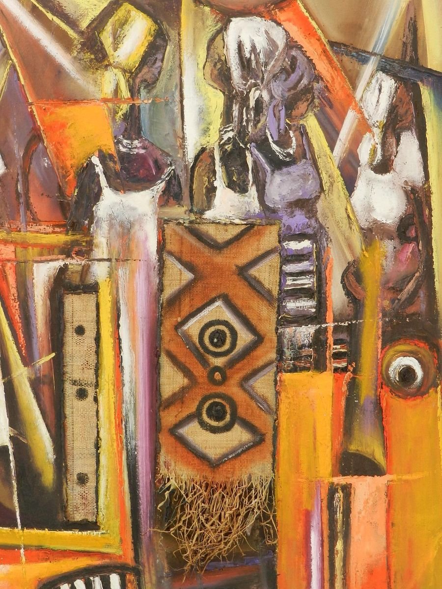 African Painting of Village Life Mixed Media, 1970s