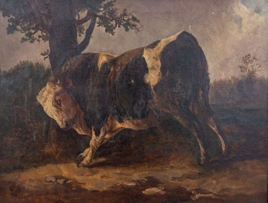 After Brascassat, Bull Rubbing Against a Tree, Oil on Canvas, Framed