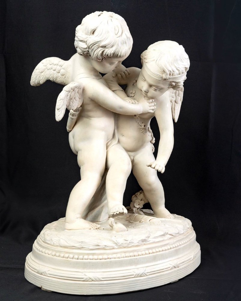 After E. M. Falconet, Deux Amours Se Disputant Un Coeur, 19th Century, Large Patinated Terracotta