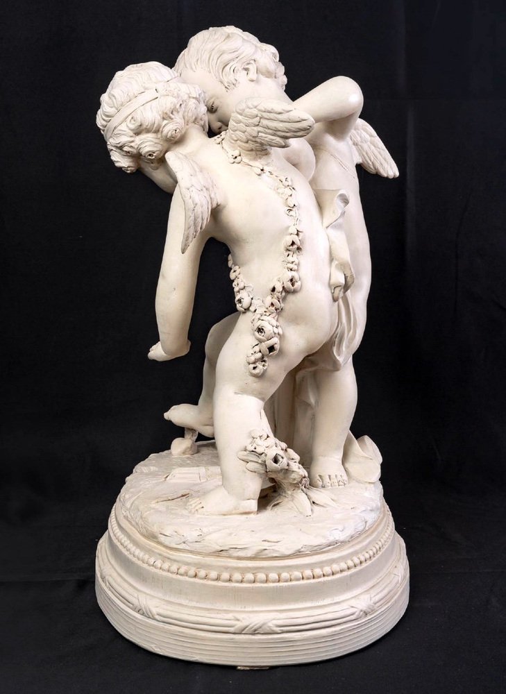 After E. M. Falconet, Deux Amours Se Disputant Un Coeur, 19th Century, Large Patinated Terracotta