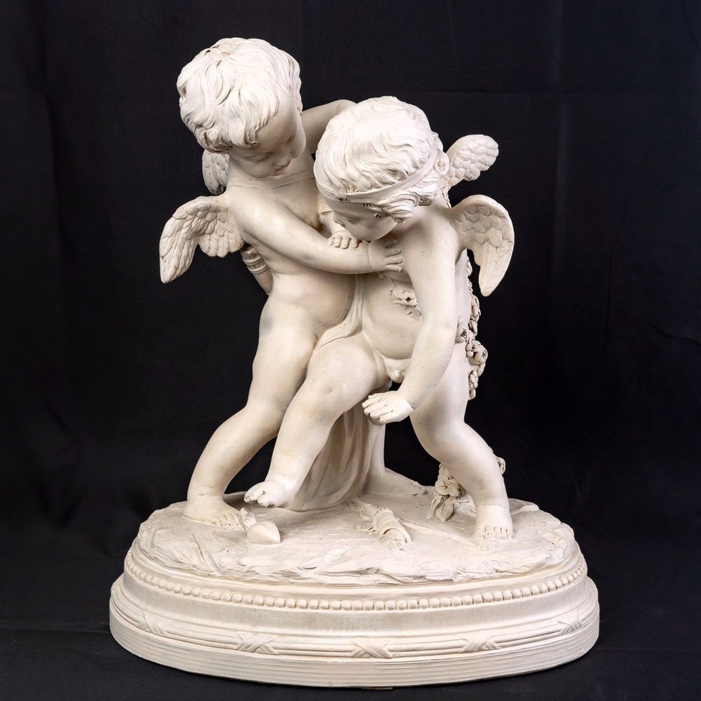 After E. M. Falconet, Deux Amours Se Disputant Un Coeur, 19th Century, Large Patinated Terracotta