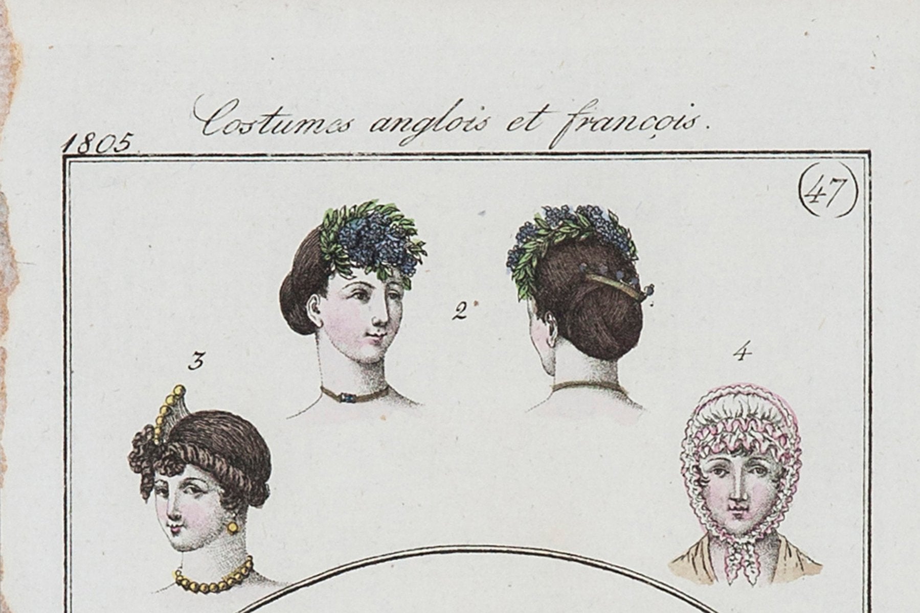 After Horace Vernet, Series: Costumes Anglais et Français, Fashion Graphics: Hats and Hairstyles, 1805, France, Print, Framed