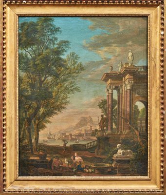 After I. De Moucheron, Landscape with a Fountain, 18th Century, Painting on Canvas-FDW-2042791