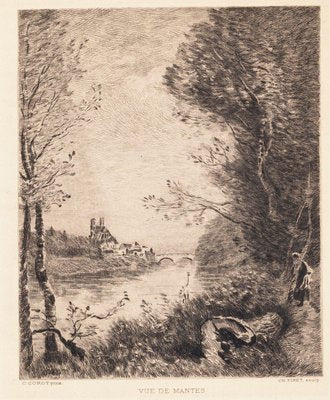 after Jean-Baptiste-Camille Corot, View of Mantes, 19th Century, Etching-ZCI-792571