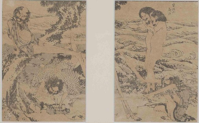 After Katsushika Hokusai, Pair of Figures, Woodcut, Late 19th Century, Framed-ZCI-1394365