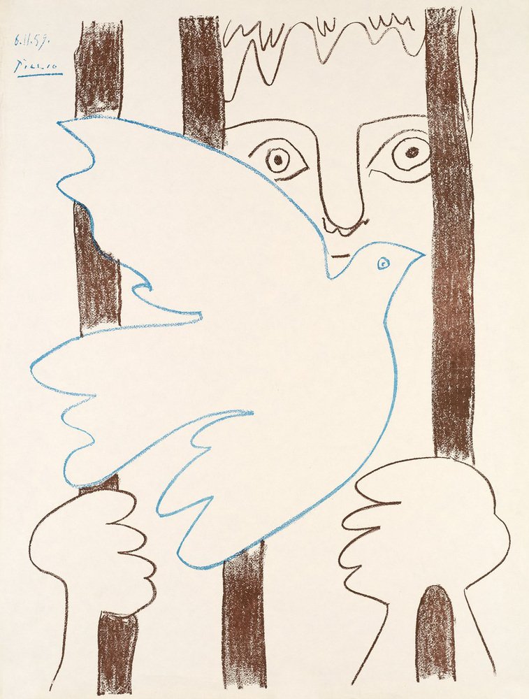 After Pablo Picasso, Colombe Bleue Volant devant des Barreaux, Lithographic Poster