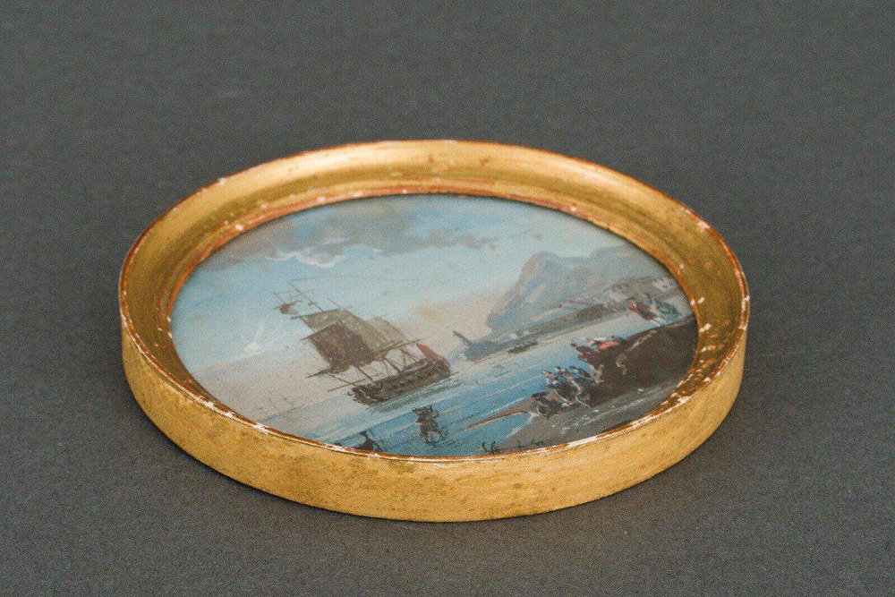 After Quentin de La Tour, Miniature Galleon and Port Scene, 1700s, Painting in Gilded Wood Frame