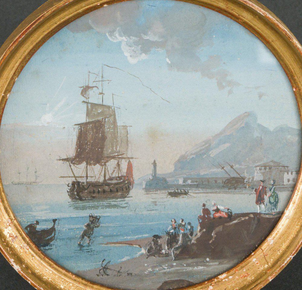 After Quentin de La Tour, Miniature Galleon and Port Scene, 1700s, Painting in Gilded Wood Frame