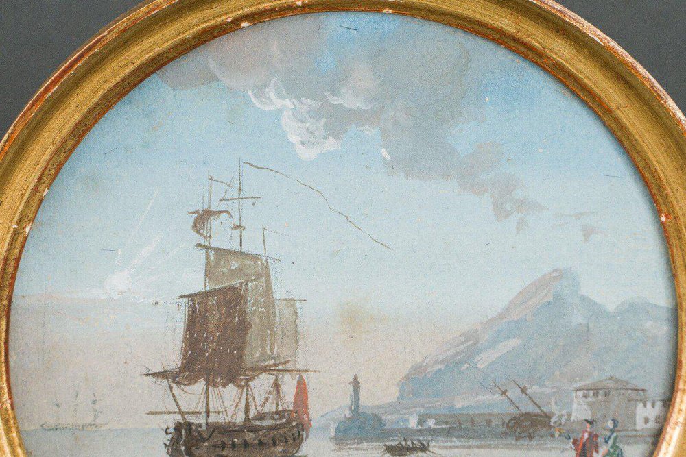 After Quentin de La Tour, Miniature Galleon and Port Scene, 1700s, Painting in Gilded Wood Frame