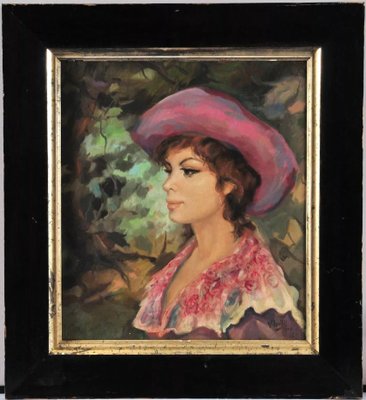 After Vincenzo Irolli, Portrait of a Pretty Lady in a Hat, 1890s-1910s, Oil on Board-QOR-2028937