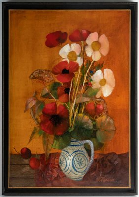 Albert Deman, Still Life on a Red Background, Oil on Canvas, 20th Century-UQL-1015699