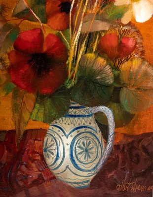 Albert Deman, Still Life on a Red Background, Oil on Canvas, 20th Century-UQL-1015699