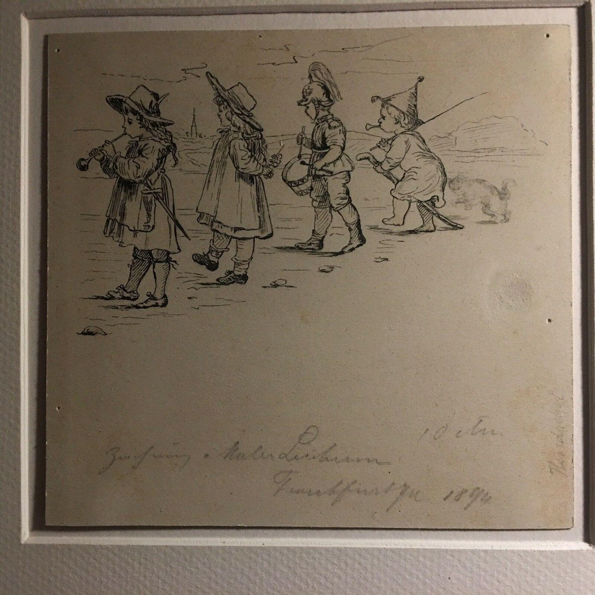 Albert Hendschel, Children and Musician, 1894, Ink