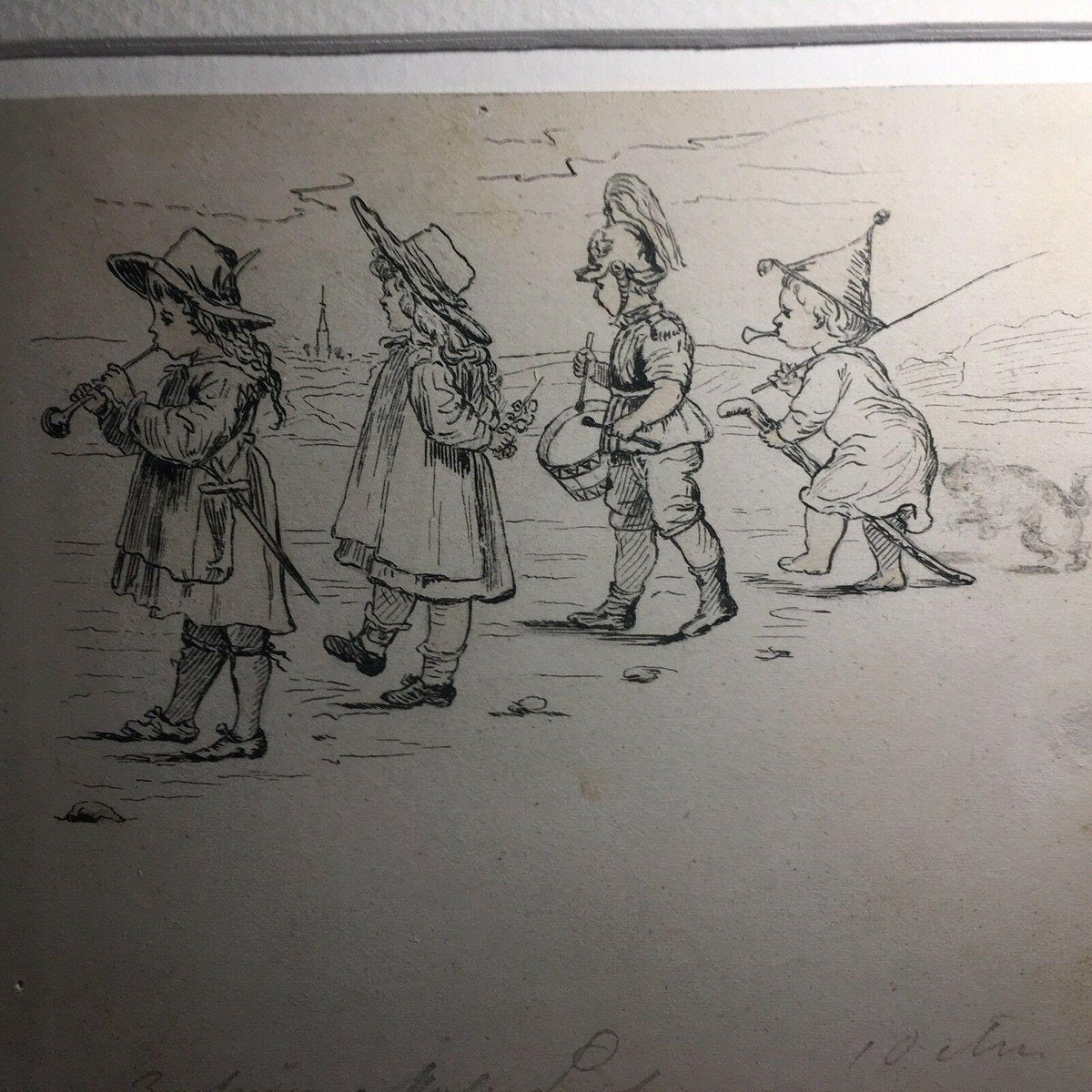 Albert Hendschel, Children and Musician, 1894, Ink