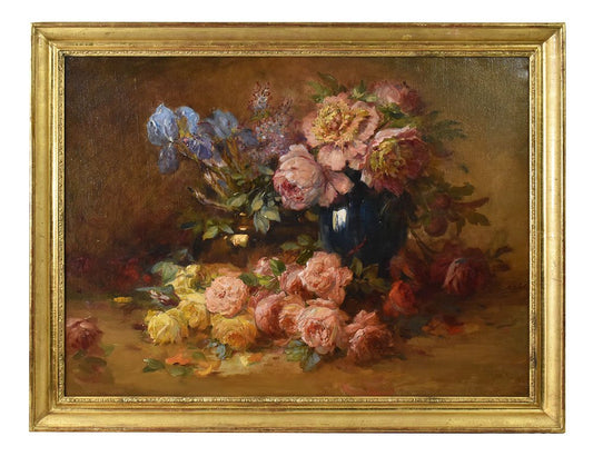 Albert Philibert, Flowers, Peonies and Roses Still Life, 19th Century, Oil on Canvas, Framed