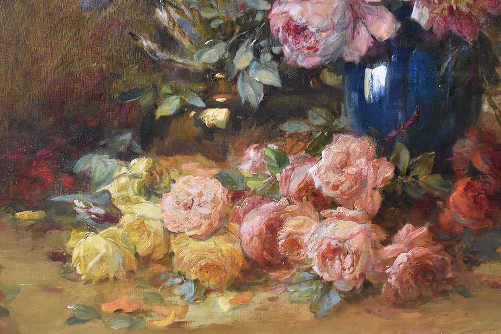 Albert Philibert, Flowers, Peonies and Roses Still Life, 19th Century, Oil on Canvas, Framed