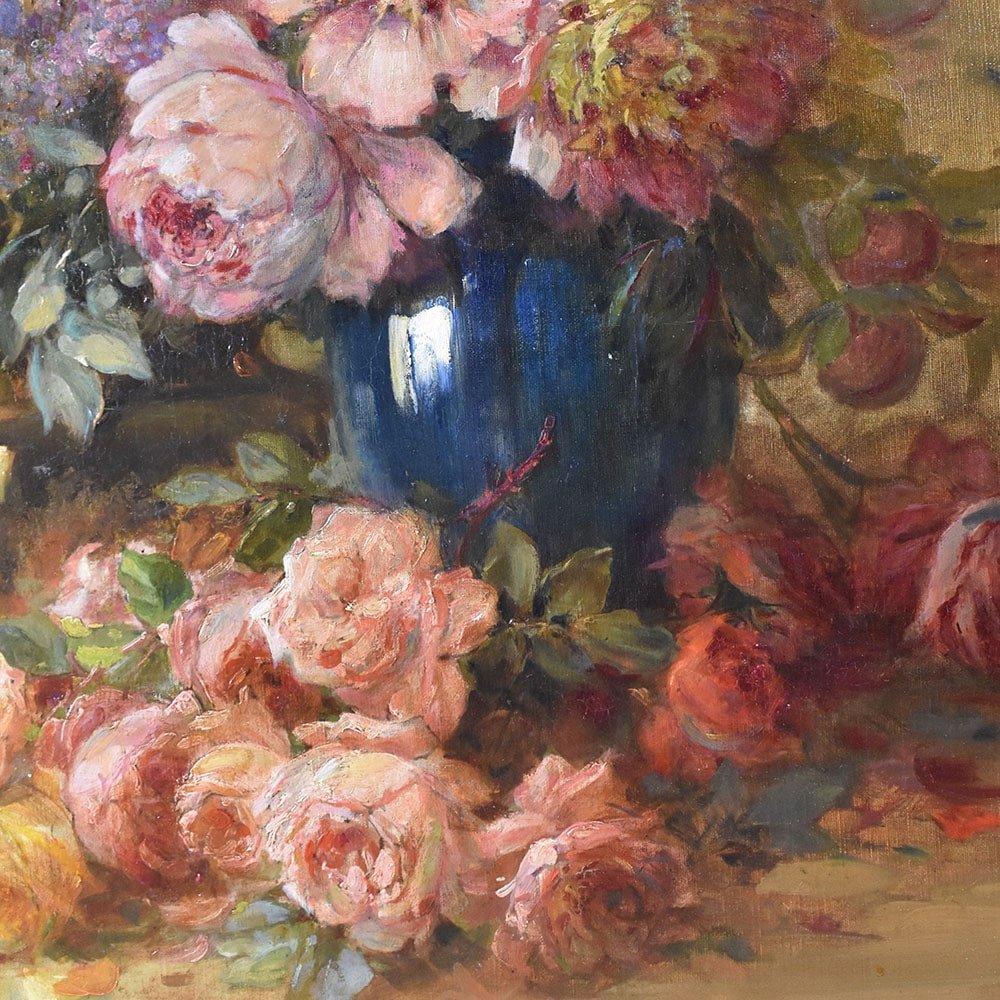 Albert Philibert, Flowers, Peonies and Roses Still Life, 19th Century, Oil on Canvas, Framed