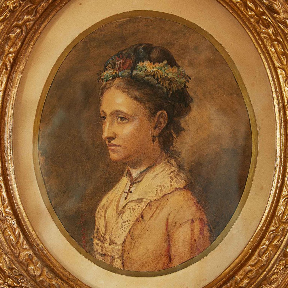 Albert Schickedanz, Portrait of a Lady, Late 1800s, Watercolor on Cardboard, Framed