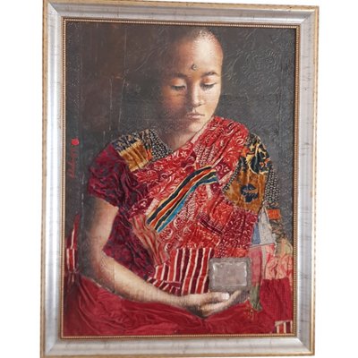 Alejandro Hermann, Tibetan Boy, Mixed Technique, Silk and Organic Textures on Canvas, Framed-TCS-1087212