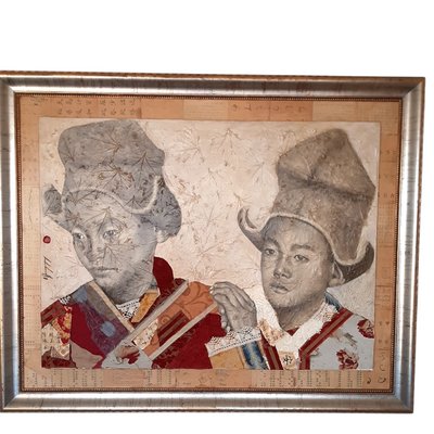 Alejandro Hermann, Tibetan Children, Mixed Technique with Silk and Organic Textures on Canvas, Framed-TCS-1087223