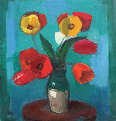 Aleksandr Rodin, Tulips on a Turquoise Background, Oil on Cardboard-FNC-1806270