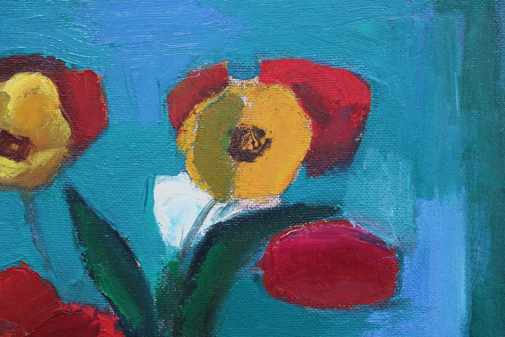 Aleksandr Rodin, Tulips on a Turquoise Background, Oil on Cardboard