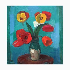 Aleksandr Rodin, Tulips on a Turquoise Background, Oil on Cardboard-FNC-1806270