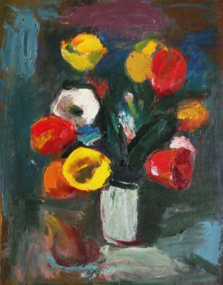 Aleksandr Rodin, Tulips with Pear, Oil on Cardboard-FNC-1806278