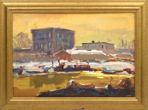 Aleksandrs Zviedris, Yacht Club, Oil on Board, Framed