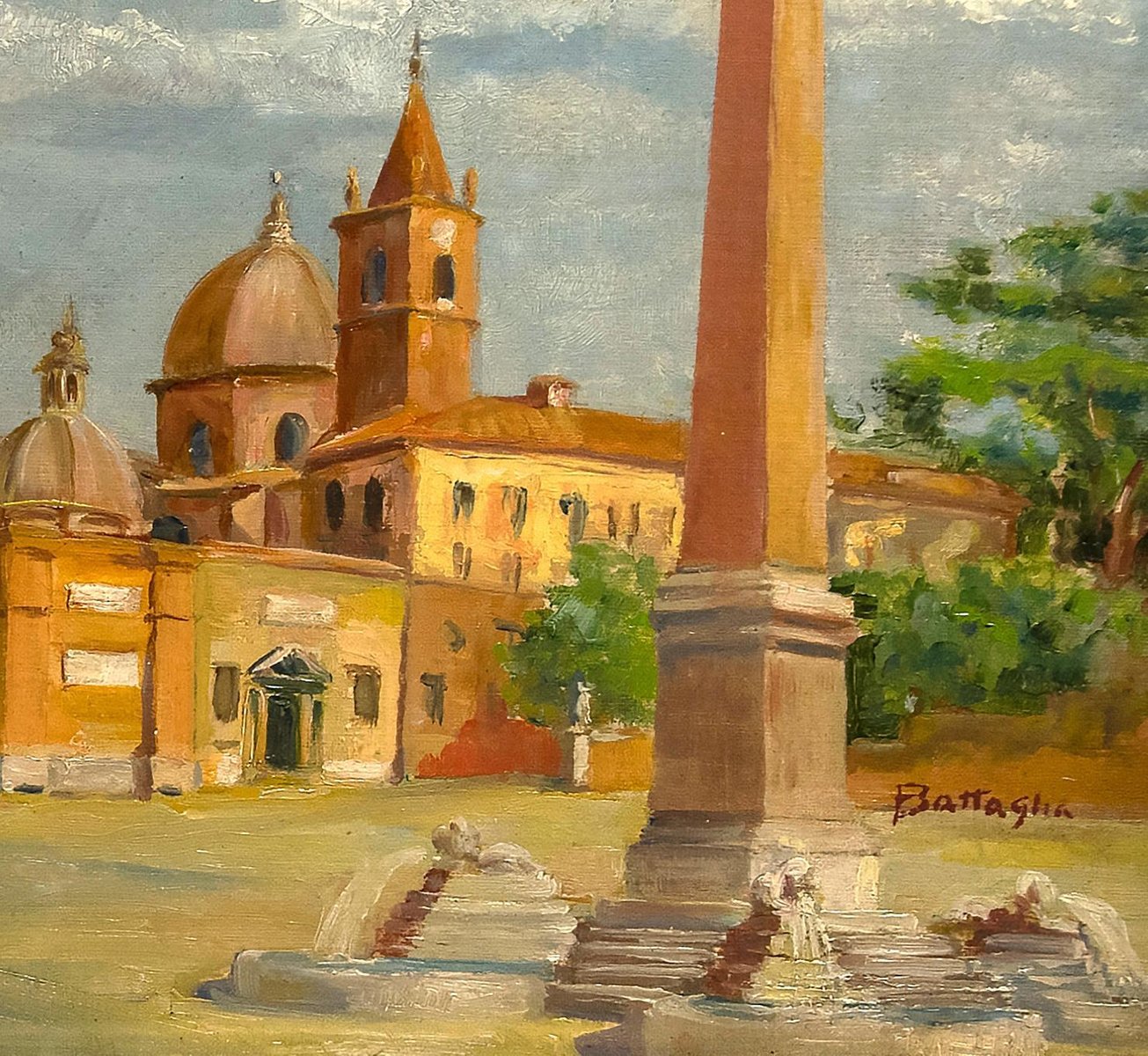 Alessandro Battaglia , Piazza del Popolo, Rome , Oil on Cardboard , Early 20th Century