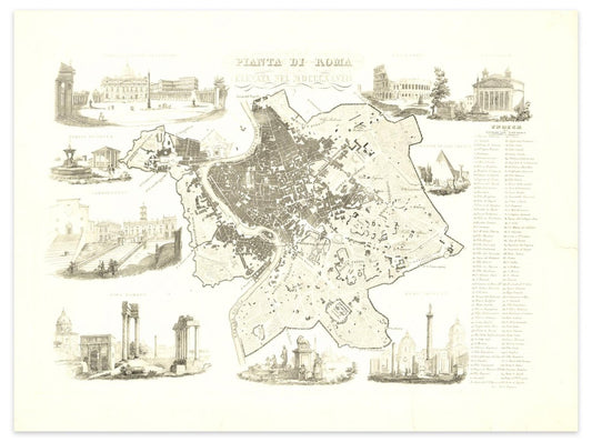 Alessandro Lescano, Map of Ancient Rome, Original Etching, 1848