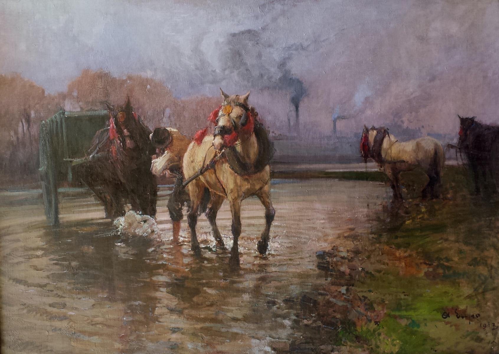 Alessandro Lupo - Working Horses - Oil On Canvas - 1913