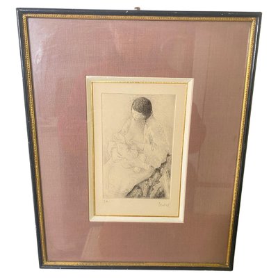 Alex Berdal, Woman with a Child, 20th Century, Engraving, Framed-UR-1767099