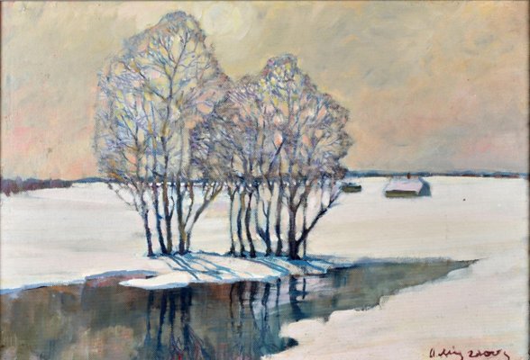 Alexander Ivanovich Misurev, Winter Landscape, Late 20th Century, Oil on Cardboard, Framed-WMV-1129846